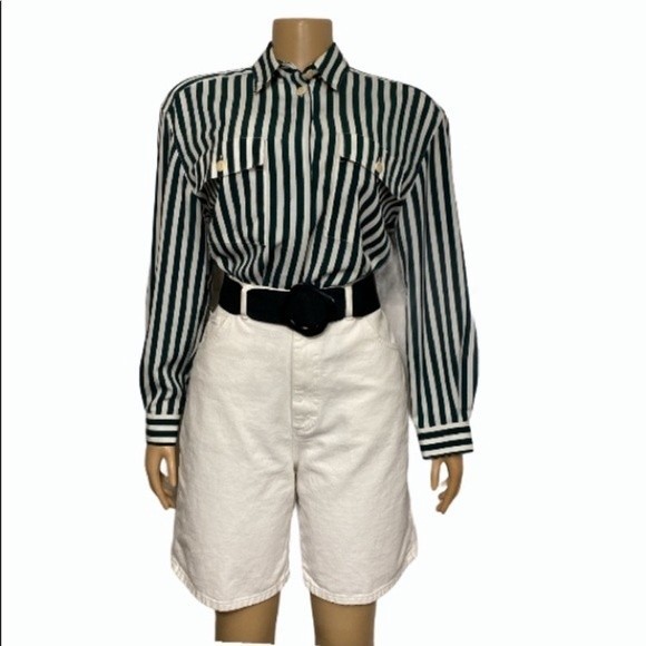 Vintage 90s Chaus Striped Button Down Blouse Emerald Green White size 10 - Picture 5 of 16